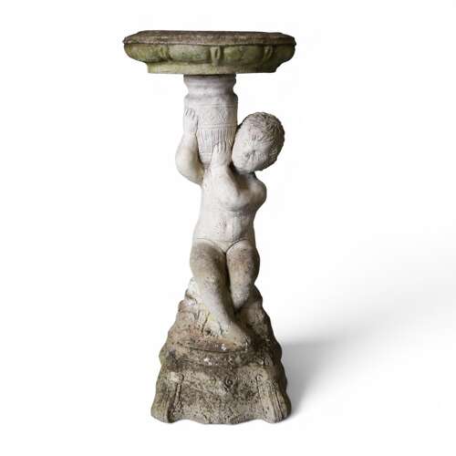 Mid‑ to Late‑20th‑Century Cast Stone Birdbath — Child Supporting Basin