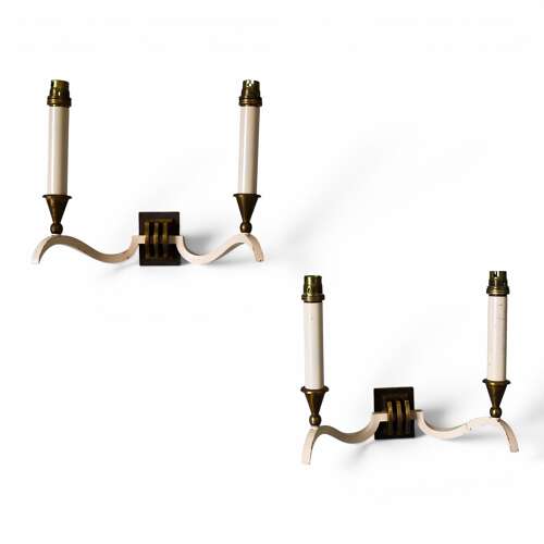 Pair of English Wall Lights, c.1930 — Cream Arms with Brass Candelabra Details