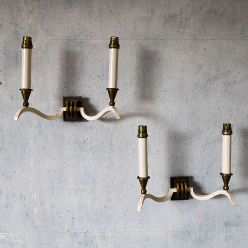 Pair of English Wall Lights, c.1930 — Cream Arms with Brass Candelabra Details