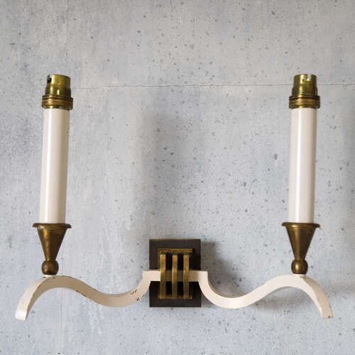 Pair of English Wall Lights, c.1930 — Cream Arms with Brass Candelabra Details