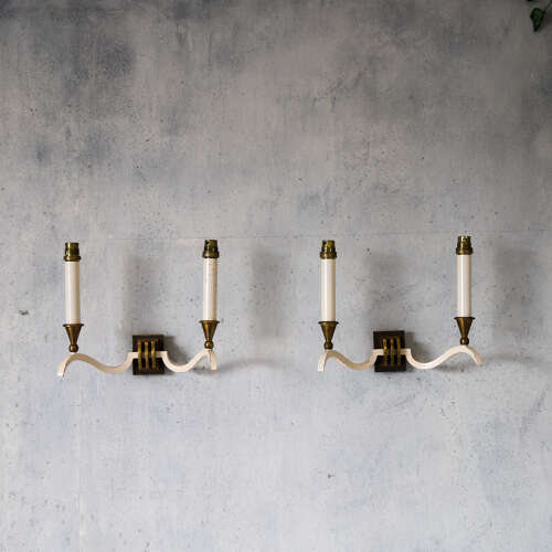 Pair of English Wall Lights, c.1930 — Cream Arms with Brass Candelabra Details
