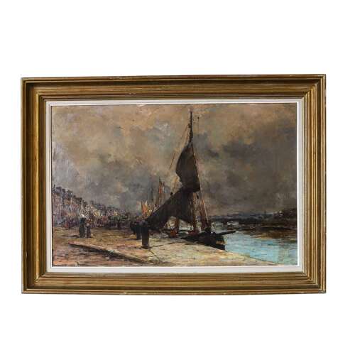 19th‑Century Harbour Scene — Oil on Canvas in Gilt Frame