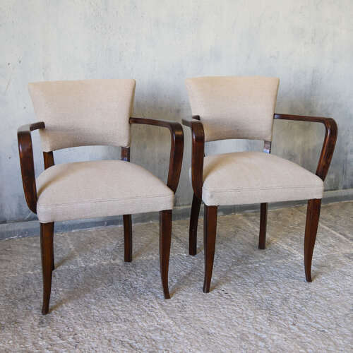 Pair of French 1940s Bridge Chairs — Beech Wood & Linen Upholstery