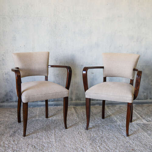 Pair of French 1940s Bridge Chairs — Beech Wood & Linen Upholstery
