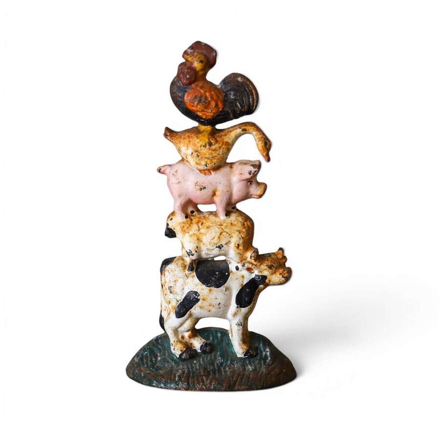 Vintage Cast Iron Doorstop &mdash; Stacked Farm Animals (Rooster, Duck, Pig & Cow)