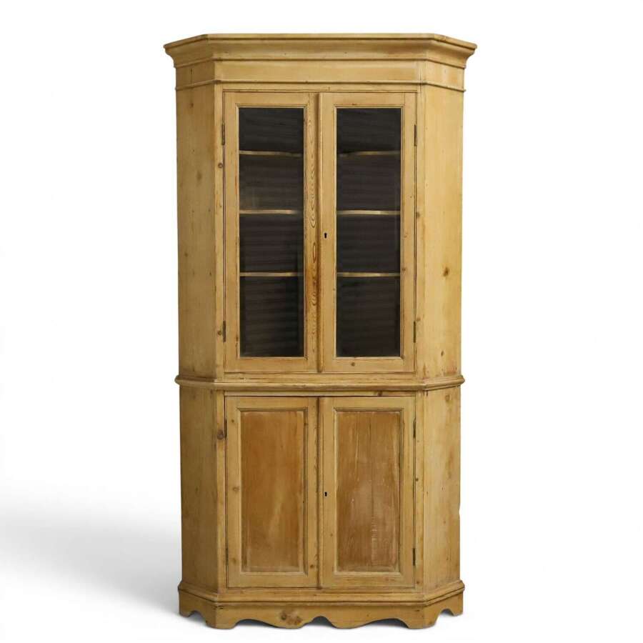 19th‑Century English Pine Corner Cupboard &mdash; Two‑Part Form with Glass Doors