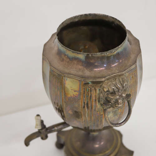 1840 Sheffield Silver‑Plate Tea Urn — George II Style with Ceramic Handle and Spout