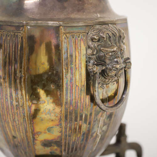 1840 Sheffield Silver‑Plate Tea Urn — George II Style with Ceramic Handle and Spout