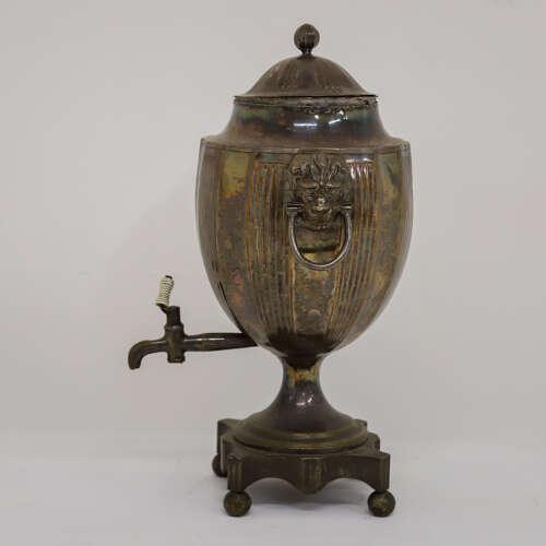1840 Sheffield Silver‑Plate Tea Urn — George II Style with Ceramic Handle and Spout