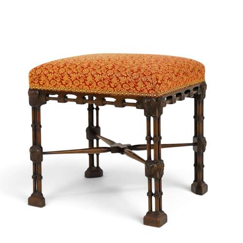 19th‑Century Walnut Cluster‑Column Stool — Chippendale Style, Fadini Borghi Upholstery