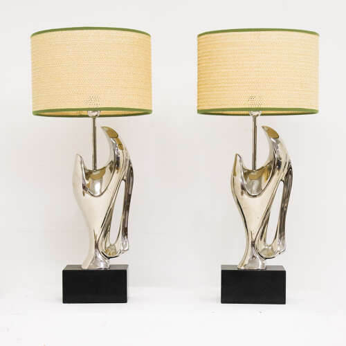 Pair of Modernist Table Lamps — Alain Chervet, Chrome & Marble, 1970s