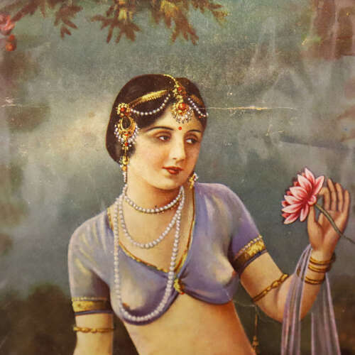 19th Century Calcutta Indian Print of a Lady with Flowers c.1890