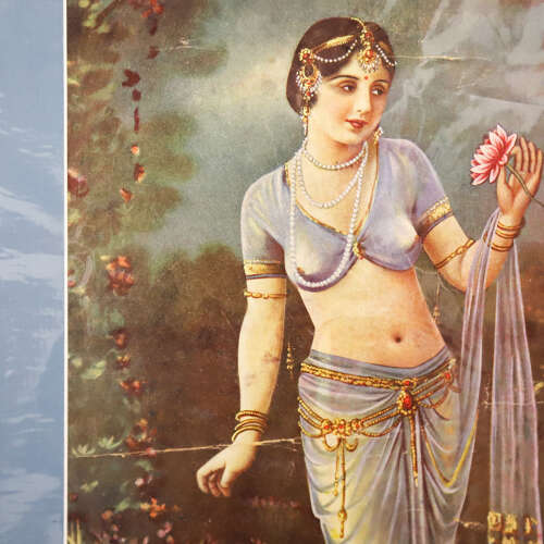 19th Century Calcutta Indian Print of a Lady with Flowers c.1890